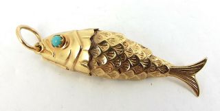 Vintage 9ct Gold Flexible FISH Charm PENDANT Fob TURQUOISE EYES Uno A Erre ITALY 7