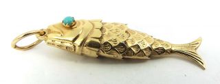 Vintage 9ct Gold Flexible FISH Charm PENDANT Fob TURQUOISE EYES Uno A Erre ITALY 8