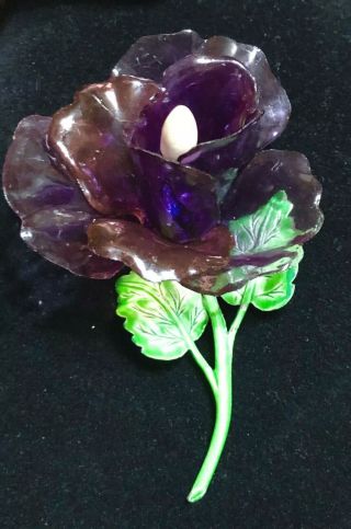 Rare Large Vintage Lucite Petaled Figural & Dimensional Flower Brooch Enameled