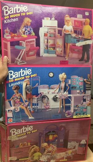 3 Vintage Barbie Play Set So Much To Do Laundry,  Kitchen,  Bedroom