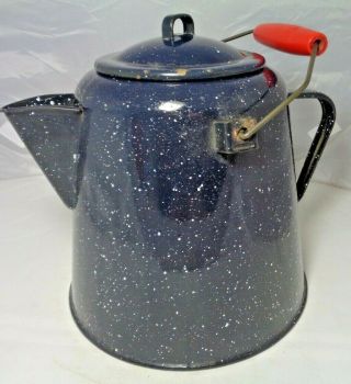 Vintage Blue Speckled Graniteware Enamelware Cowboy Camping Large Coffee Pot