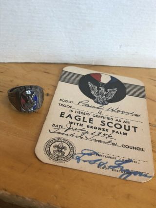 Vintage 1940s Boy Scouts Eagle Scout Ring Sterling Silver Enamel Sz9,  Merit Card