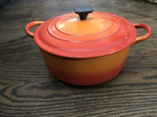 Vtg Le Creuset C Flame Orange Enameled Cast Iron Dutch Oven Pot 2.  5 Qt