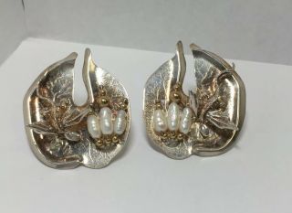 Vintage Artisan Signed Sterling Silver 14k Gold Freshwater Pearl Dragon Earrings