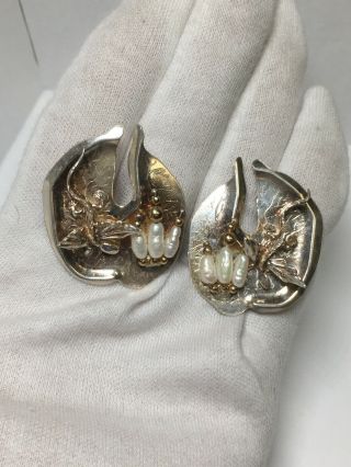 Vintage Artisan Signed Sterling Silver 14k Gold Freshwater Pearl Dragon Earrings 2