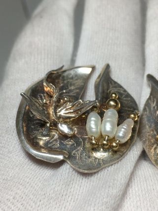 Vintage Artisan Signed Sterling Silver 14k Gold Freshwater Pearl Dragon Earrings 3