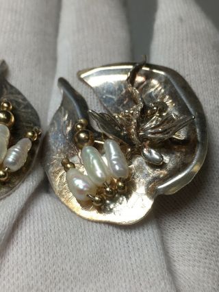 Vintage Artisan Signed Sterling Silver 14k Gold Freshwater Pearl Dragon Earrings 4