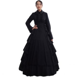 Vintage Victorian Gothic Ball Gown Flounces Cosplay Costume Party Dress Black