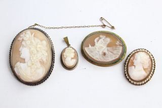 4 X Vintage & Antique Carved Shell Cameo Brooches & Pendants Inc.  Female,  Siren