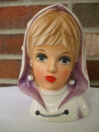 Vtg Rubens 4135 Blonde Pixie Lady Purple Hood Faux Pearl Earrings Head Vase 5 "