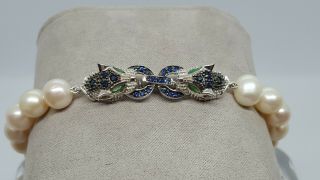 Vintage Freshwater Pearl Bracelet w/925 Sterling Silver Jeweled Leopard Clasp 2