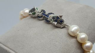 Vintage Freshwater Pearl Bracelet w/925 Sterling Silver Jeweled Leopard Clasp 4