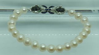 Vintage Freshwater Pearl Bracelet w/925 Sterling Silver Jeweled Leopard Clasp 8