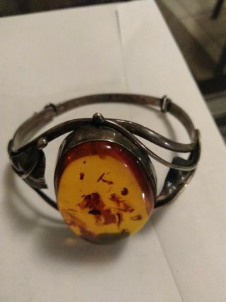 Antique Art Nouveau Amber Sterling Silver Cuff Bracelet