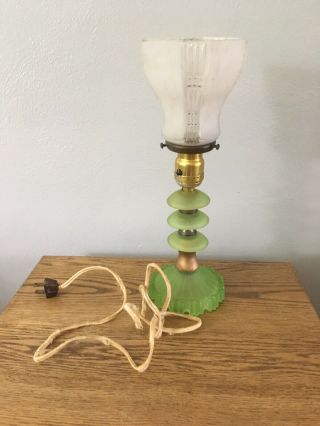 Vintage Uranium Green Vaseline Depression Glass Electric Lamp
