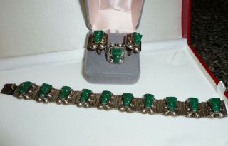 Vintage Aztec Face Onyx & Mexico Silver Set Including: Bracelet,  Earrings,  Ring