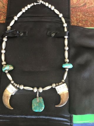 Vintage Native American Sterling Silver Turquoise Faux Bear Claw Necklace