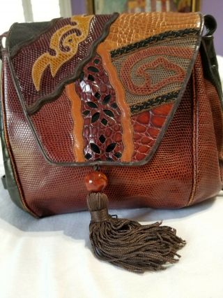 Vintage Sharif Multicolor Brown Leather Crossover Shoulder Bag 11 X 9 X 5 Inch