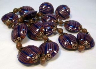 Vtg Murano Italy Blue W/ Adventurine Venetian Art Glass Bead Necklace Earrings