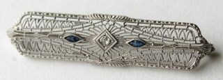 Antique Art Deco 2 " Brooch/pin 10k Gold,  Single Cut Diamond,  2 Sapphires