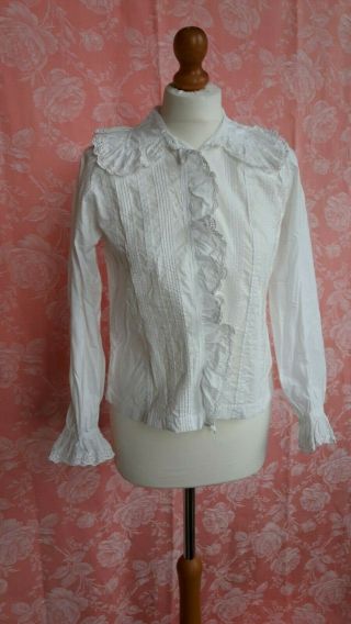 White Cotton Blouse Antique Long Sleeves Embroidery 1880 Vintage French Handmade