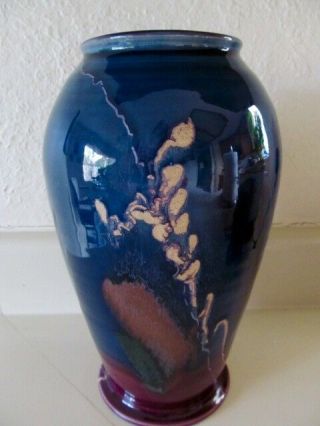 Vintage Signed Marshall Large Blue Art Pottery Vase W/gorgeous Drip Glaze - Euc