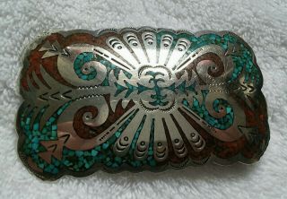 Vintage Navajo Sterling Silver Belt Buckle Turquoise Coral Chip Inlay,  Signed