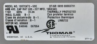 Thomas Compressor 1007CK72 - 59C 1/2HP 100PSI Rarely 3