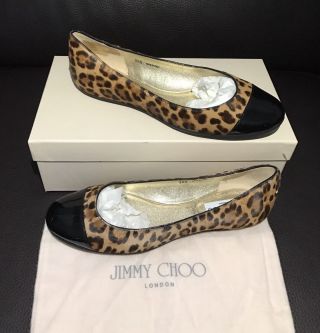 Nib Jimmy Choo Rare Leopard Pony Hair Black Patent Leather Cap Ballet Flats Shoe