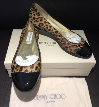 NIB Jimmy Choo Rare Leopard Pony Hair Black Patent Leather Cap Ballet Flats Shoe 2