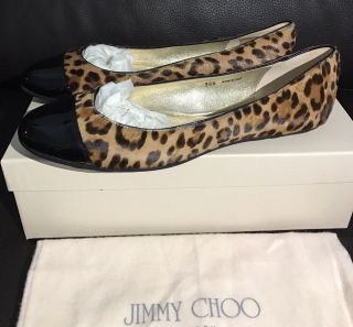 NIB Jimmy Choo Rare Leopard Pony Hair Black Patent Leather Cap Ballet Flats Shoe 3
