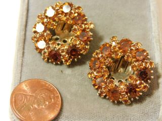 Vintage signed Weiss Golden Topaz Rhinestone Clip on Gold tone Earrings 9g 42 2