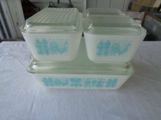 Vintage Pyrex Amish Butterprint Refrigerator Dishes 8 Piece Set Turquoise
