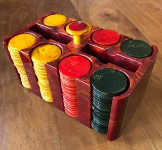 Rare Burgundy Marbleized Bakelite Catalin Poker Chips & Holder Caddy