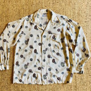 Vintage 1950’s Japanese Pattern Atomic Hawaiian Style Ls Tsuba Print Shirt M
