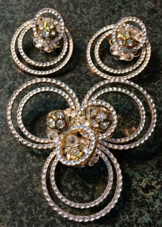 Vtg Alice Caviness Rivoli Glass Bead Brooch Pin Earring Set Gold & Silver Tone