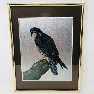 Vintage Marsel Mirror Framed Picture 60’s Or 70’s Foil Leaf Falcon Bird 11”x14”