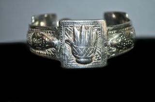 Vintage Silver Bracelet From Nagaland India Has 1/2 Inch Open Back And Carved