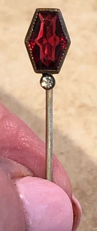10k Gold Garnet Diamond Ruby Stick Pin Hat Lapel Antique Art Deco Estate