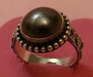 Vintage South Sea Tahitian Black Pearl Sterling Silver Ring Granulation Band