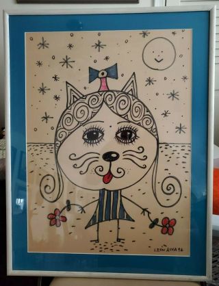 Leon Alva 1996 Rare Signed Wall Art Cat Girl Doodle Sketch Custom Frame