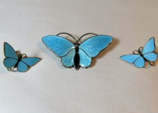 Vintage Aksel Holmsen Norway Sterling Silver Enamel Butterfly Pin & Earrings