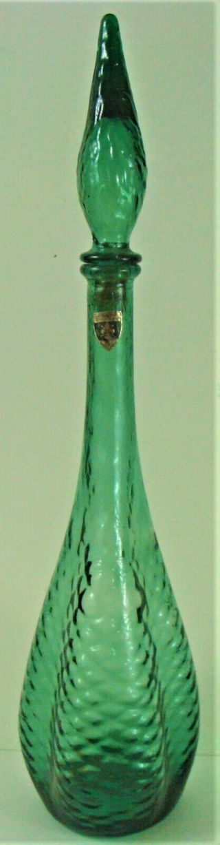 Vintage Mid Century Italian Glass Empoli Rossini Decanter Genie Bottle Green 22”