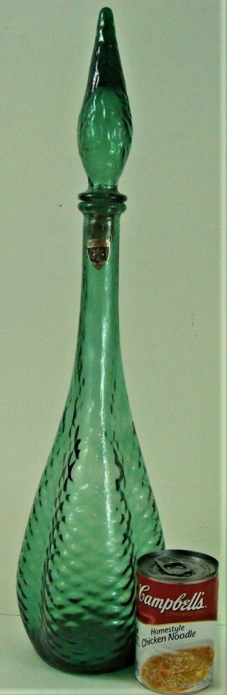 Vintage Mid Century Italian Glass Empoli Rossini Decanter Genie Bottle Green 22” 7