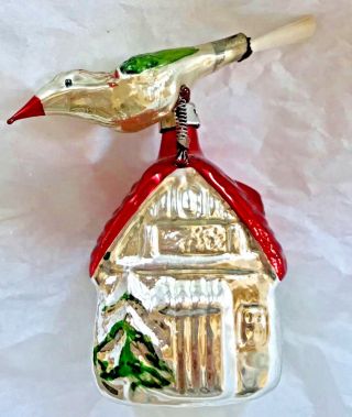 Antique Vintage Song Bird On A House Top Glass German Christmas Ornament