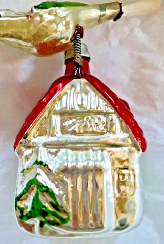 Antique Vintage Song Bird On A House Top Glass German Christmas Ornament 2