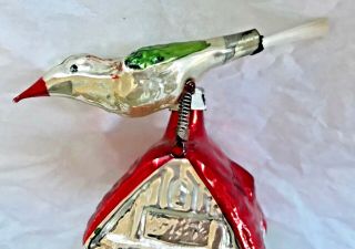 Antique Vintage Song Bird On A House Top Glass German Christmas Ornament 3