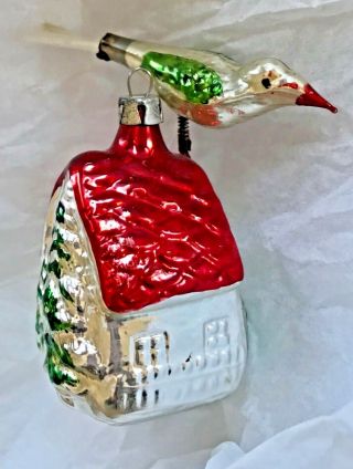 Antique Vintage Song Bird On A House Top Glass German Christmas Ornament 4