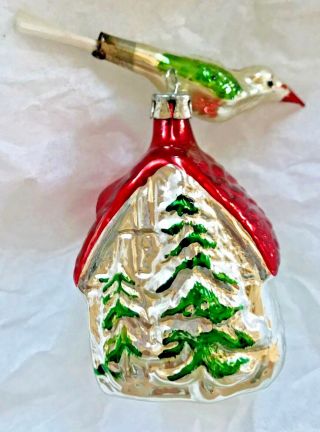 Antique Vintage Song Bird On A House Top Glass German Christmas Ornament 5