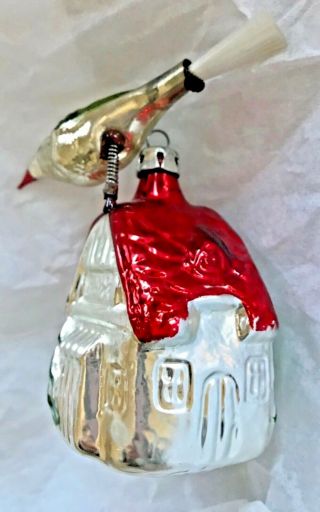 Antique Vintage Song Bird On A House Top Glass German Christmas Ornament 6